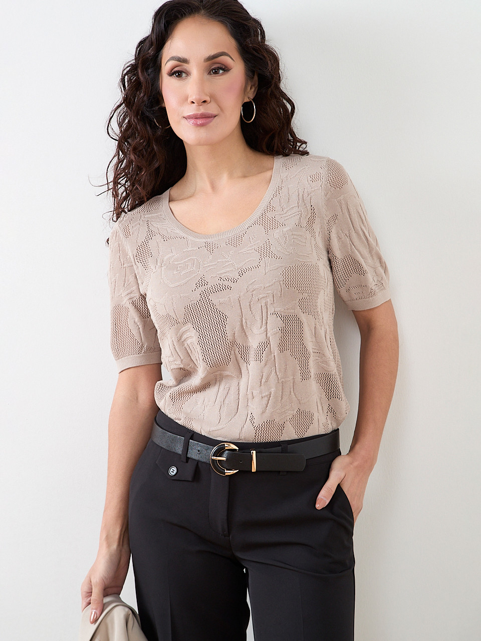 Petite Short Sleeve Mesh Pattern Sweater