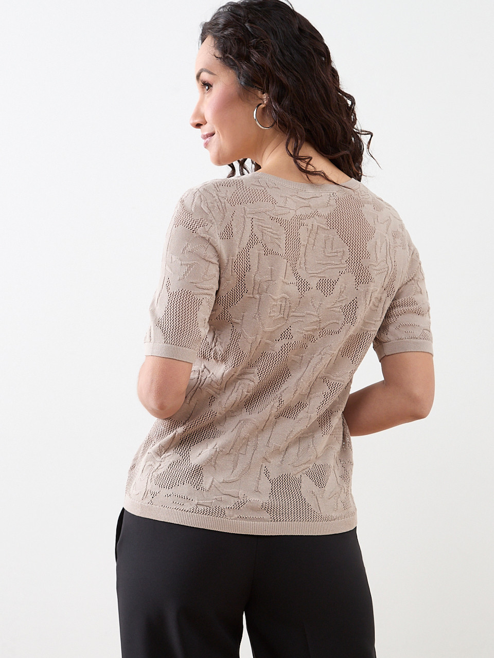 Petite Short Sleeve Mesh Pattern Sweater