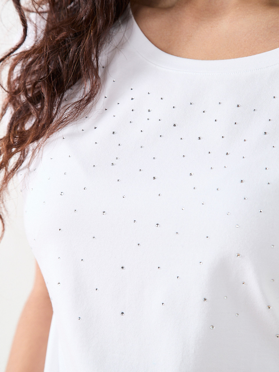 Petite Short Sleeve Round-Neck Embellished Top