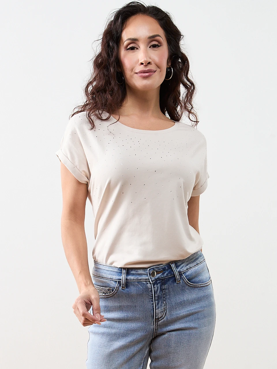 Petite Short Sleeved Round Neck Embellished Top