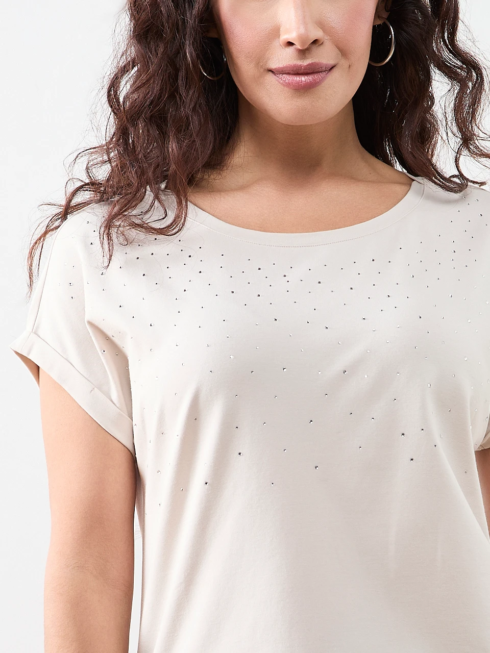 Petite Short Sleeved Round Neck Embellished Top