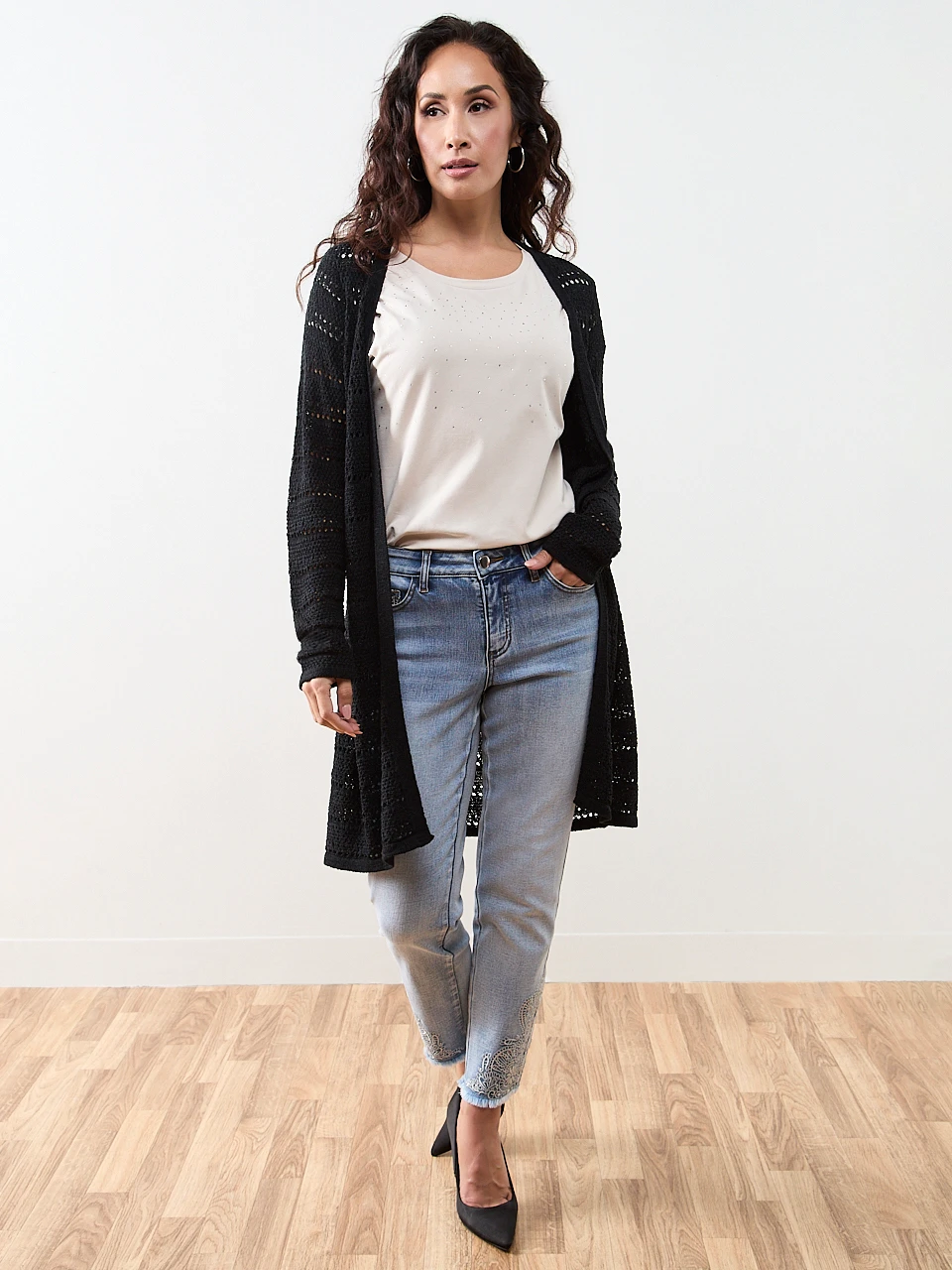Petite Short Sleeved Round Neck Embellished Top