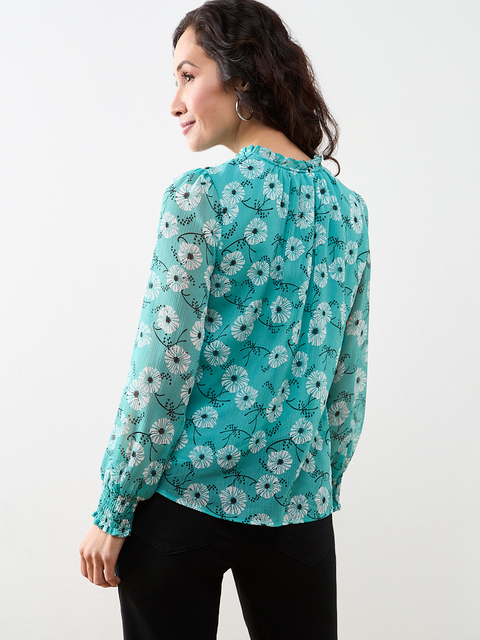 Petite Smocked Cuff Button Front Blouse