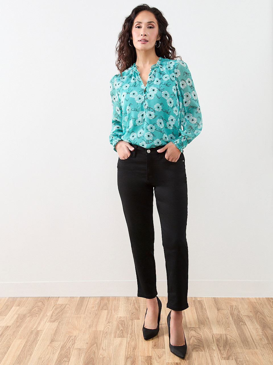 Petite Smocked Cuff Button Front Blouse