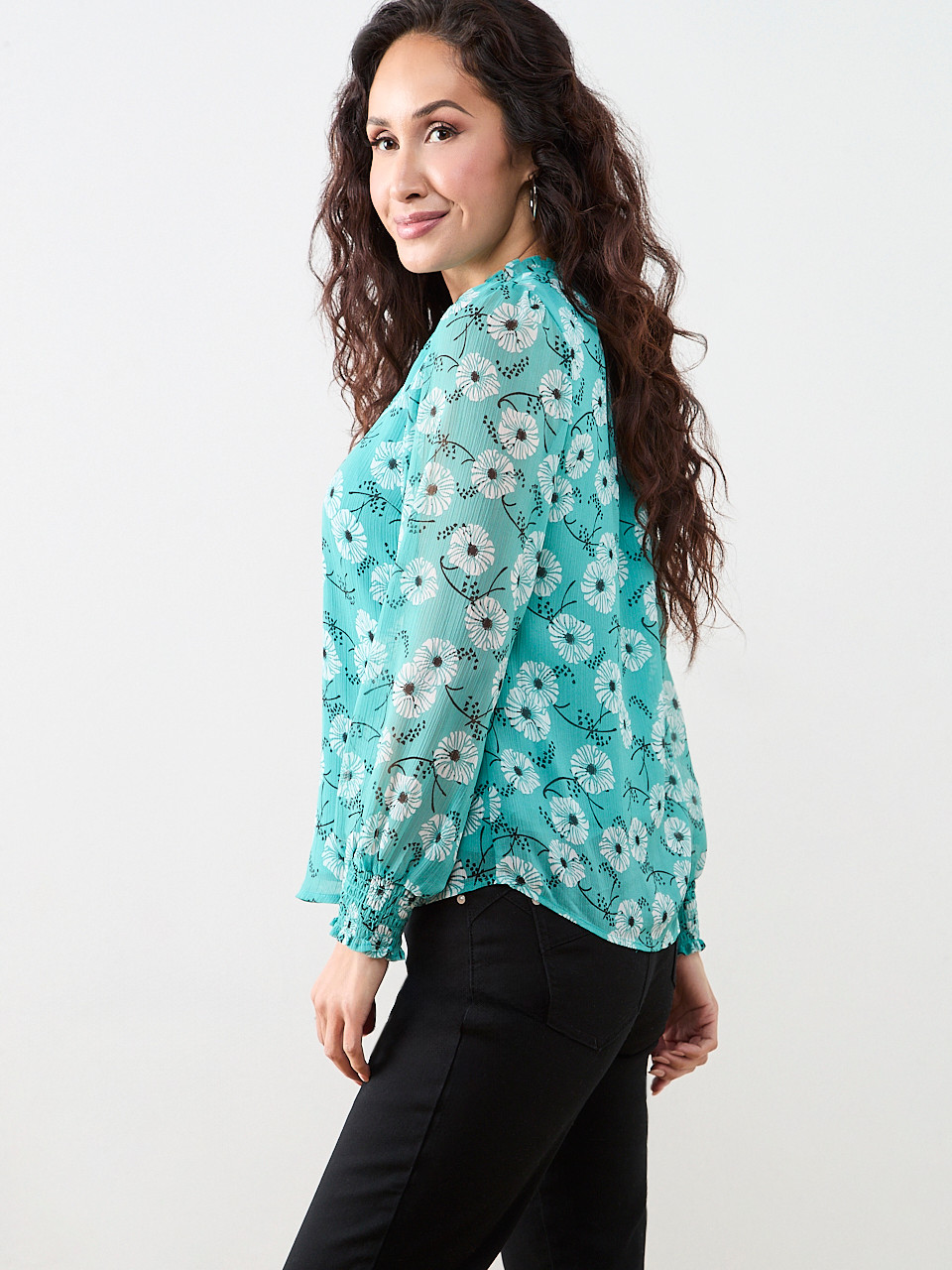 Petite Smocked Cuff Button Front Blouse