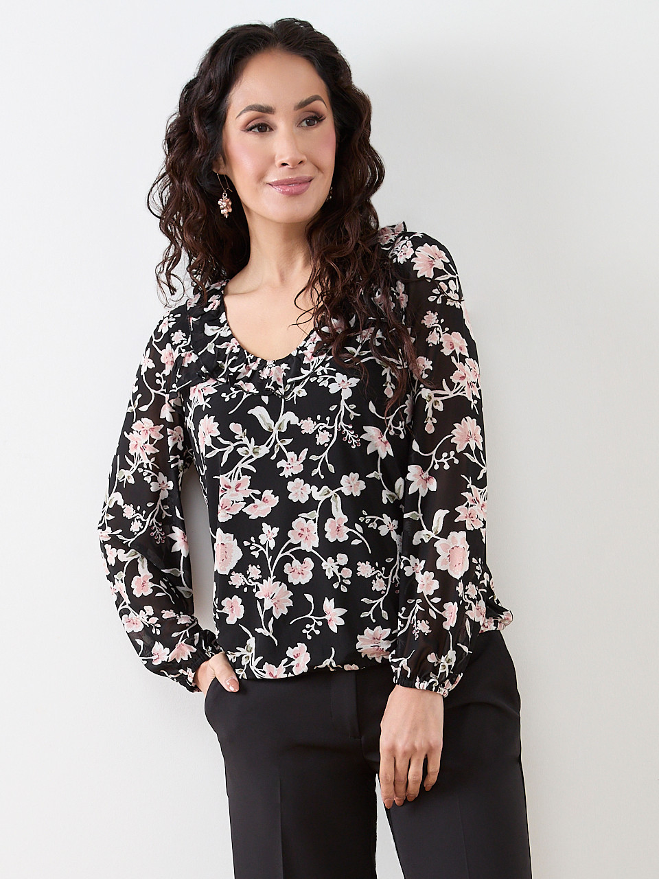 Petite V-Neck Ruffle Bubble-Hem Top