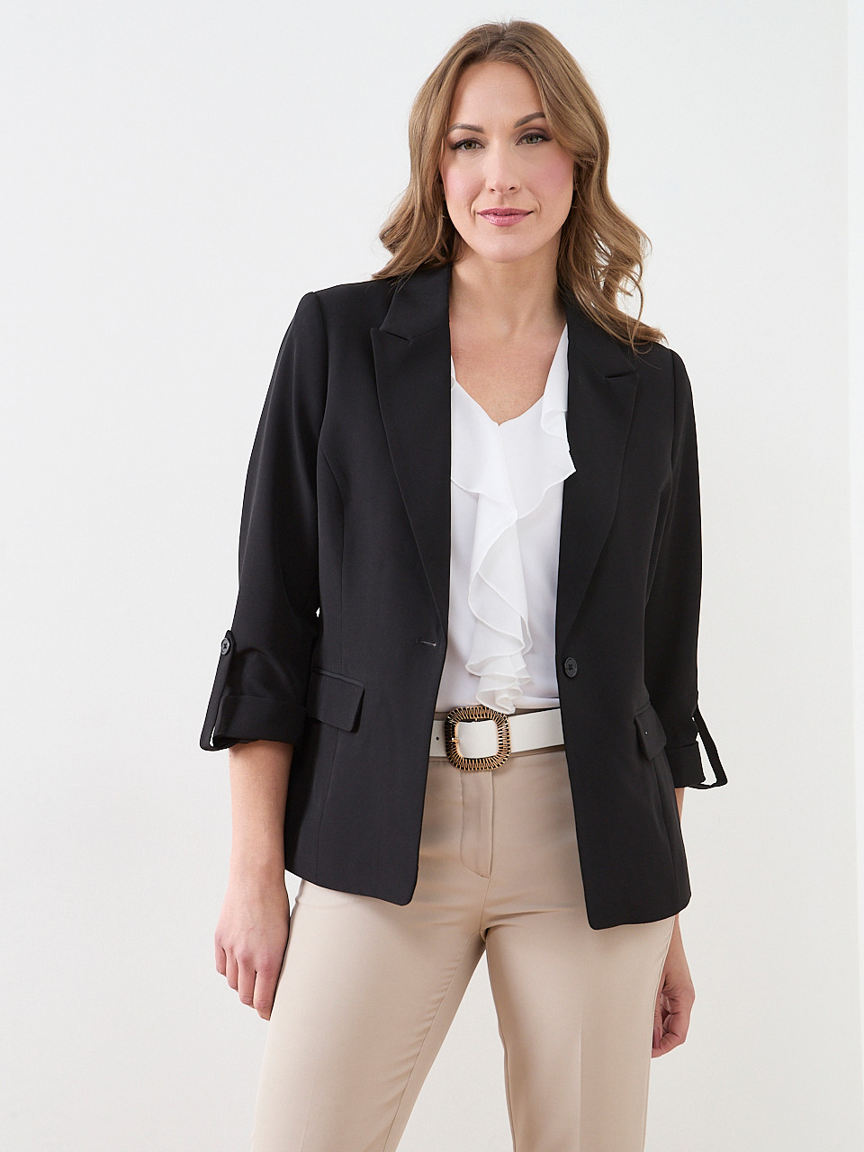 Roll Cuff Button Blazer in Black