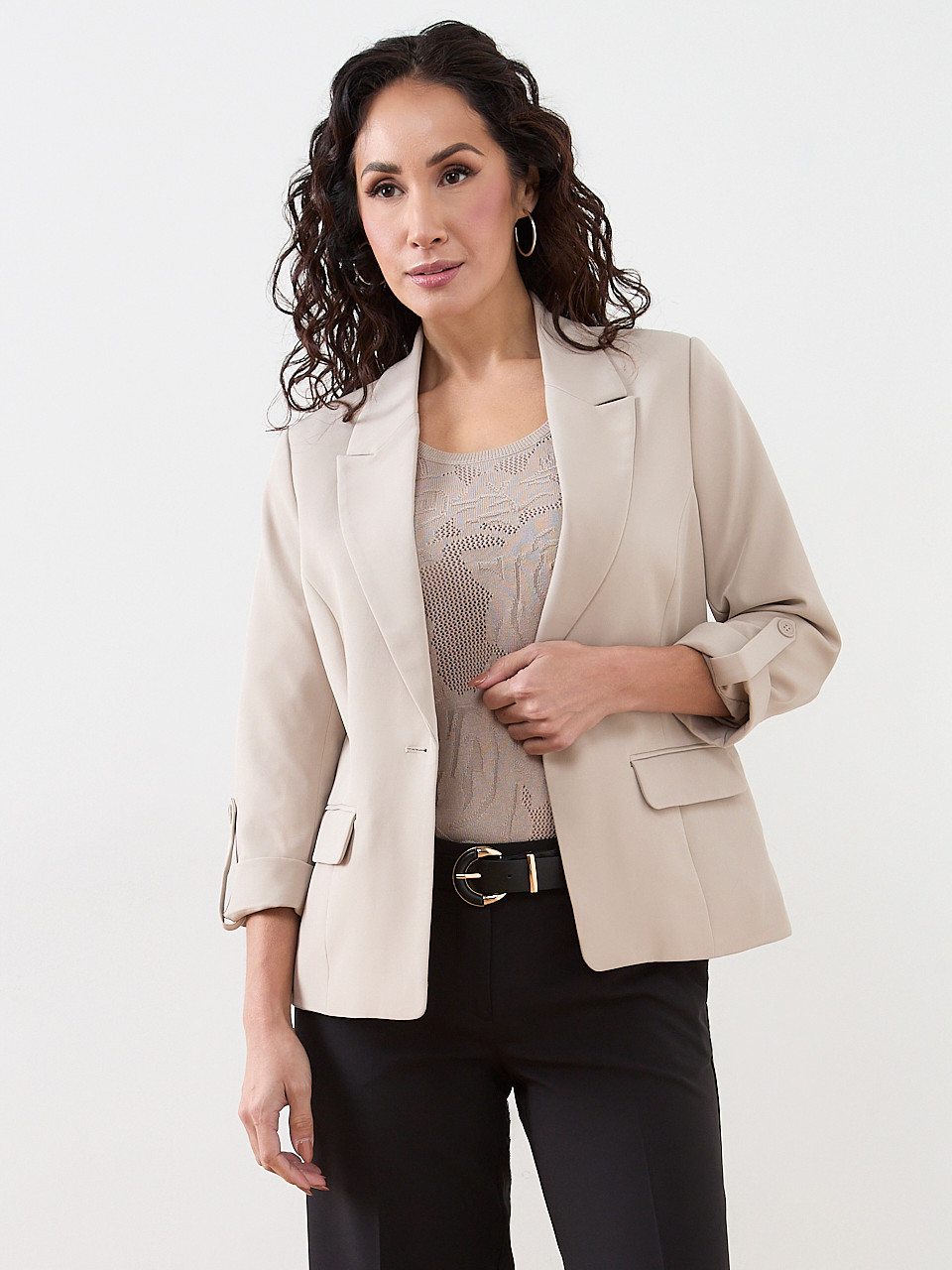 Roll Cuff Button Blazer in Mushroom