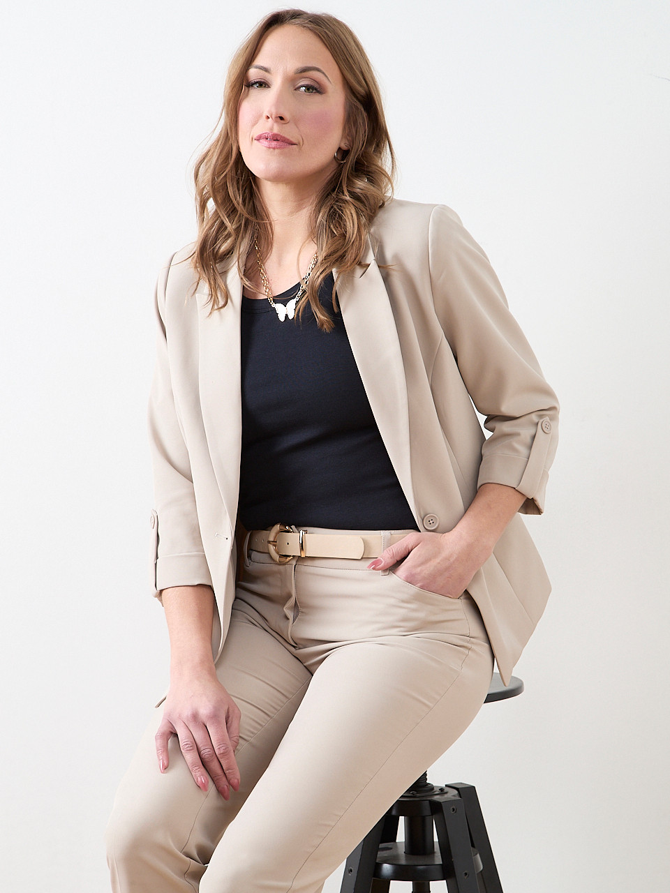 Roll Cuff Button Blazer in Mushroom