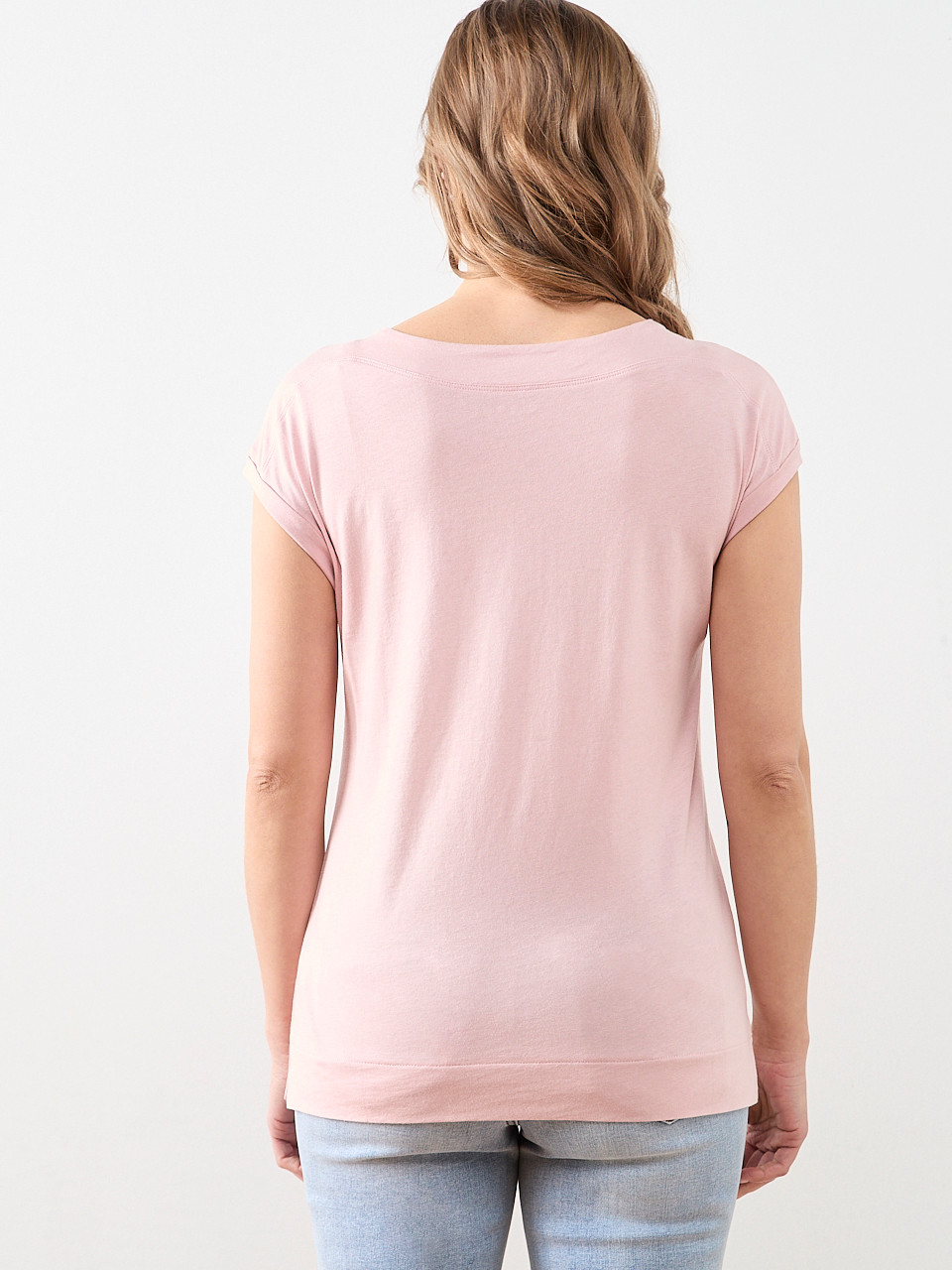 Short Sleeve Cuff Boat Neck Tee in Pink