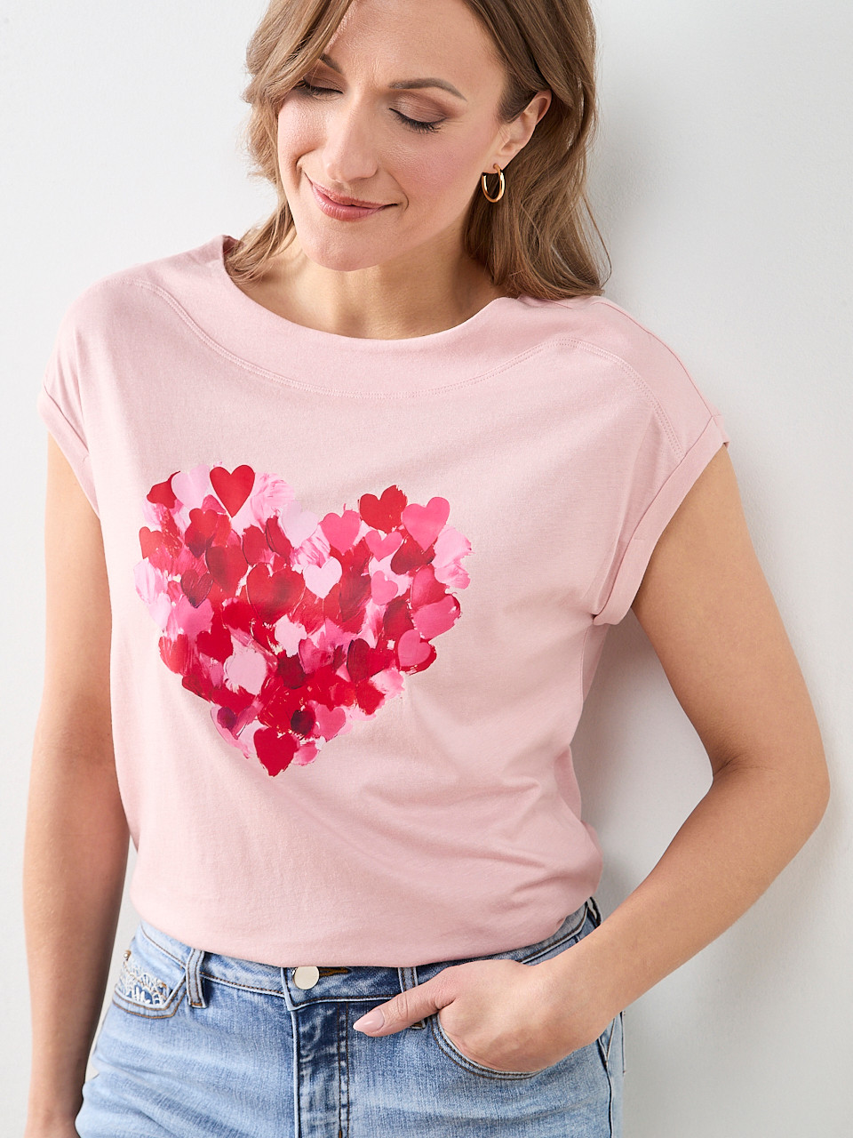 Short Sleeve Cuff Boat Neck Tee in Pink