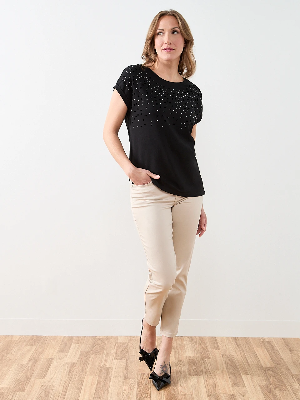 Short Sleeve Round Neck Embellished Top