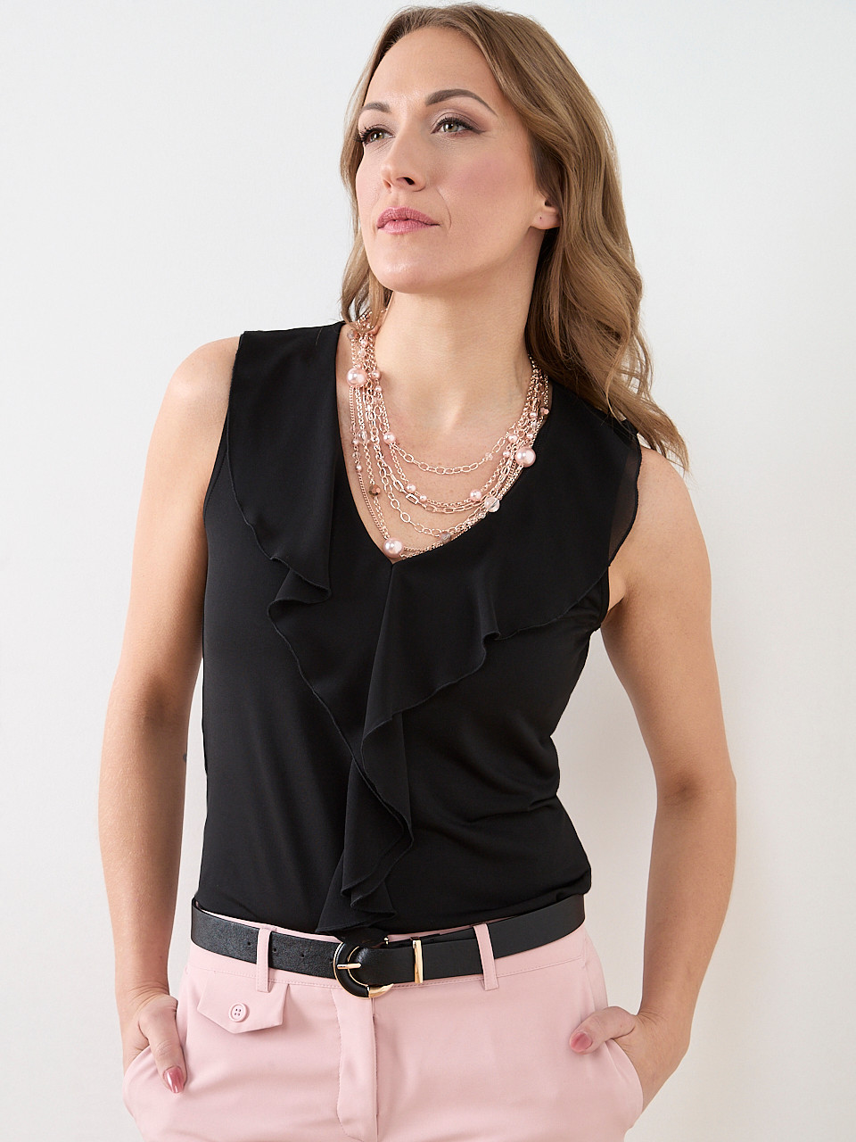 Sleeveless Soft Knit Top with Ruffles