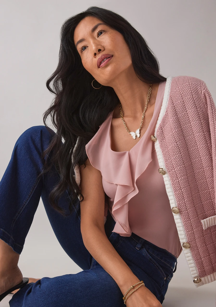 Sleeveless Soft-Knit Top with Ruffles