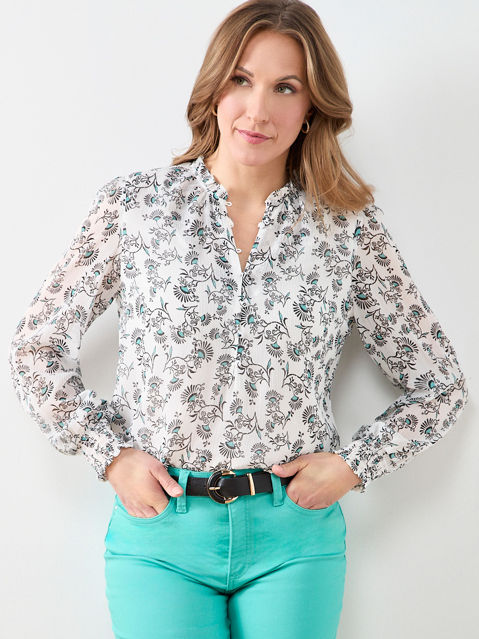 Smocked Cuff Button Front Blouse