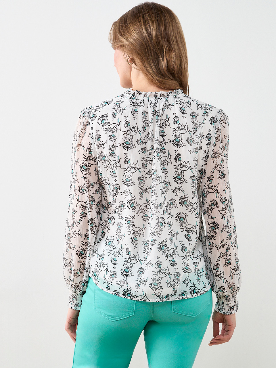 Smocked Cuff Button Front Blouse