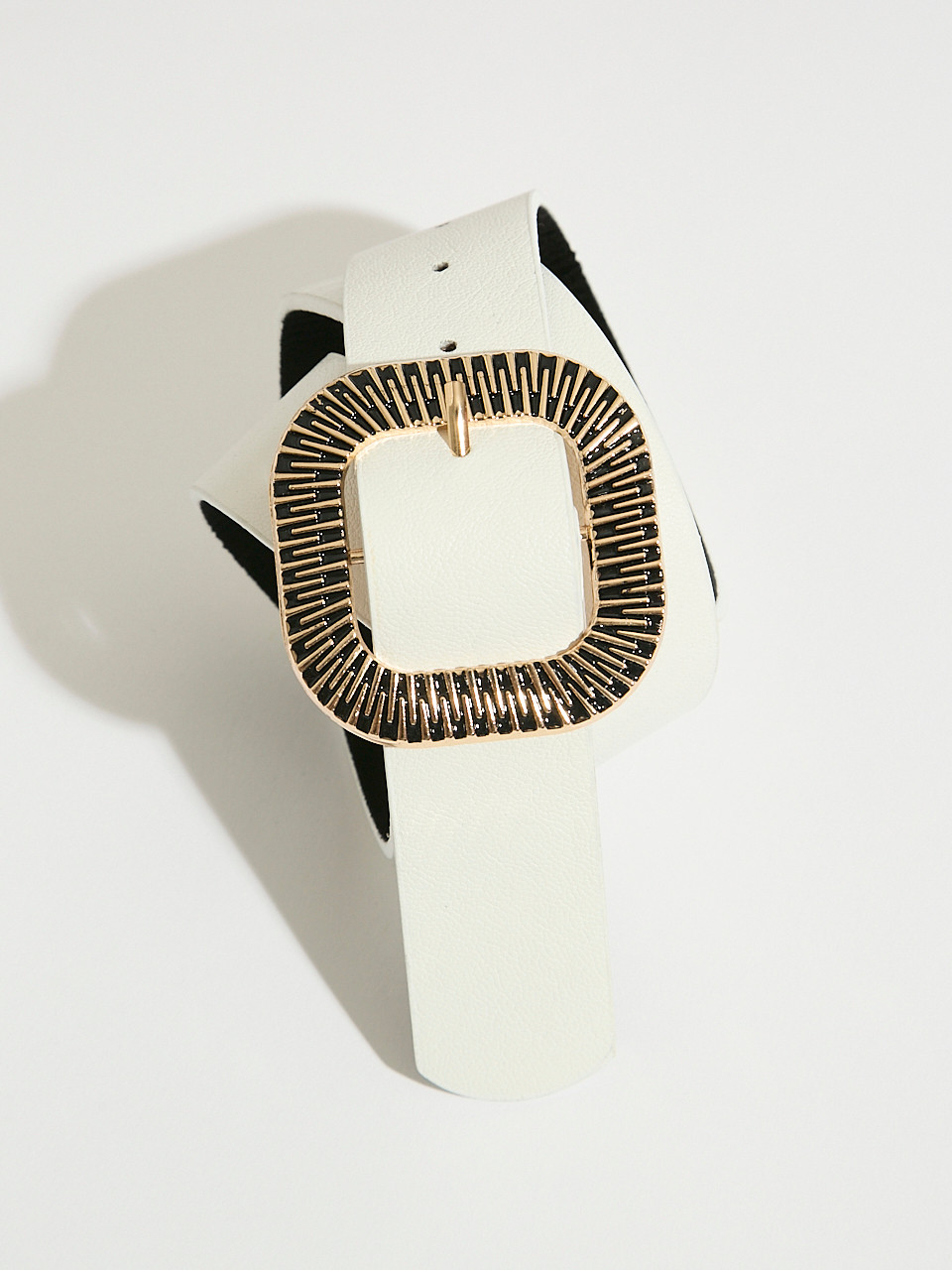 White Textured Buckle Pant Belt