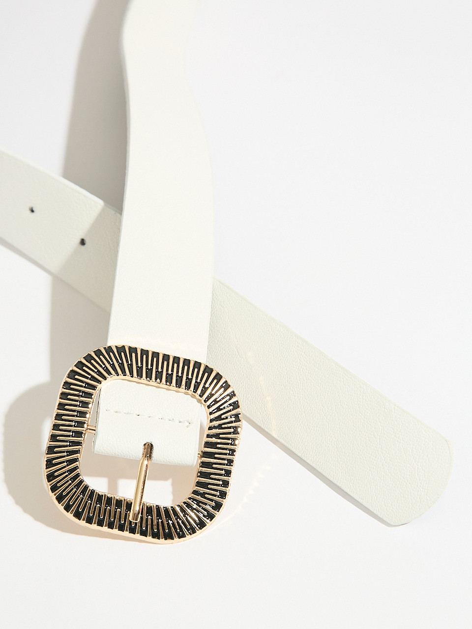 White Textured Buckle Pant Belt