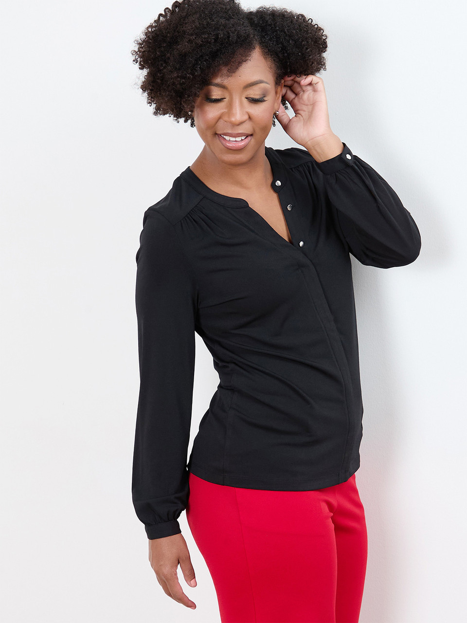 Petite V-Neck Crepe Top in Black