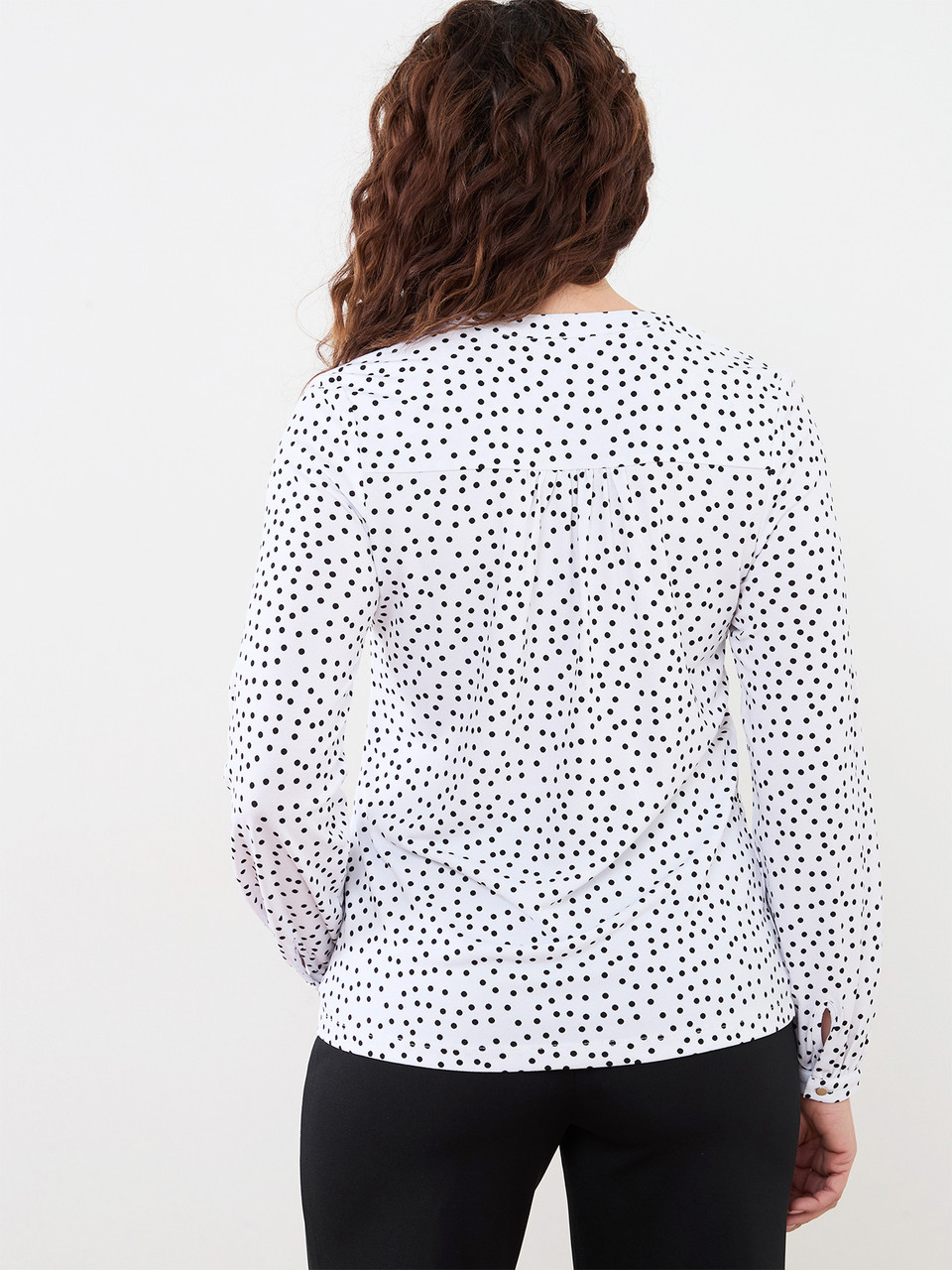 V-Neck Crepe Top in White & Black Dot