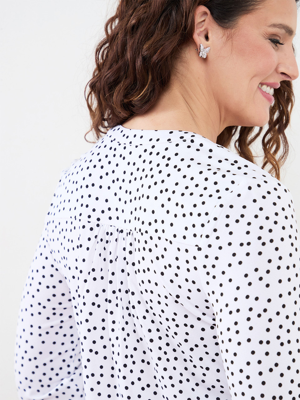 V-Neck Crepe Top in White & Black Dot