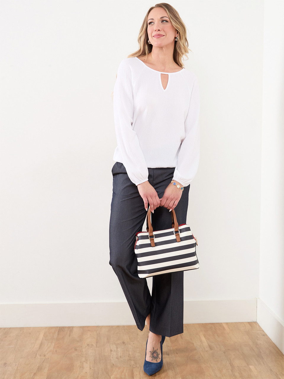 Bubble Hem Keyhole Top in White