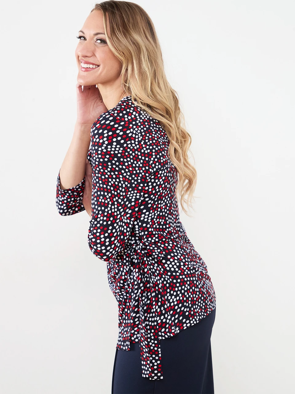 Soft Knit Wrap Top in Navy with White and Red Dots