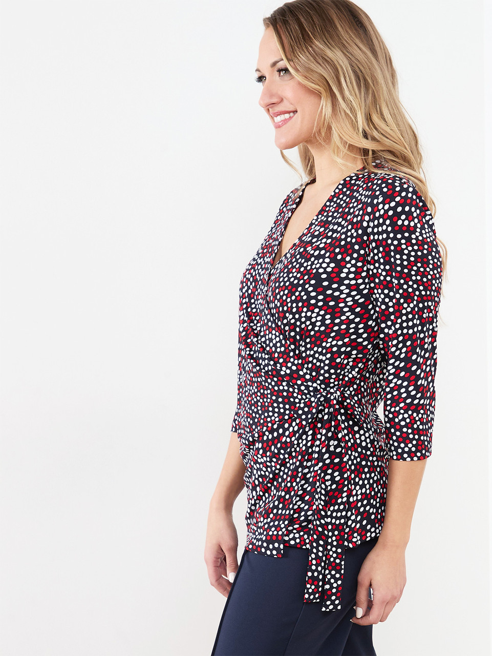 Soft Knit Wrap Top in Navy with White and Red Dots
