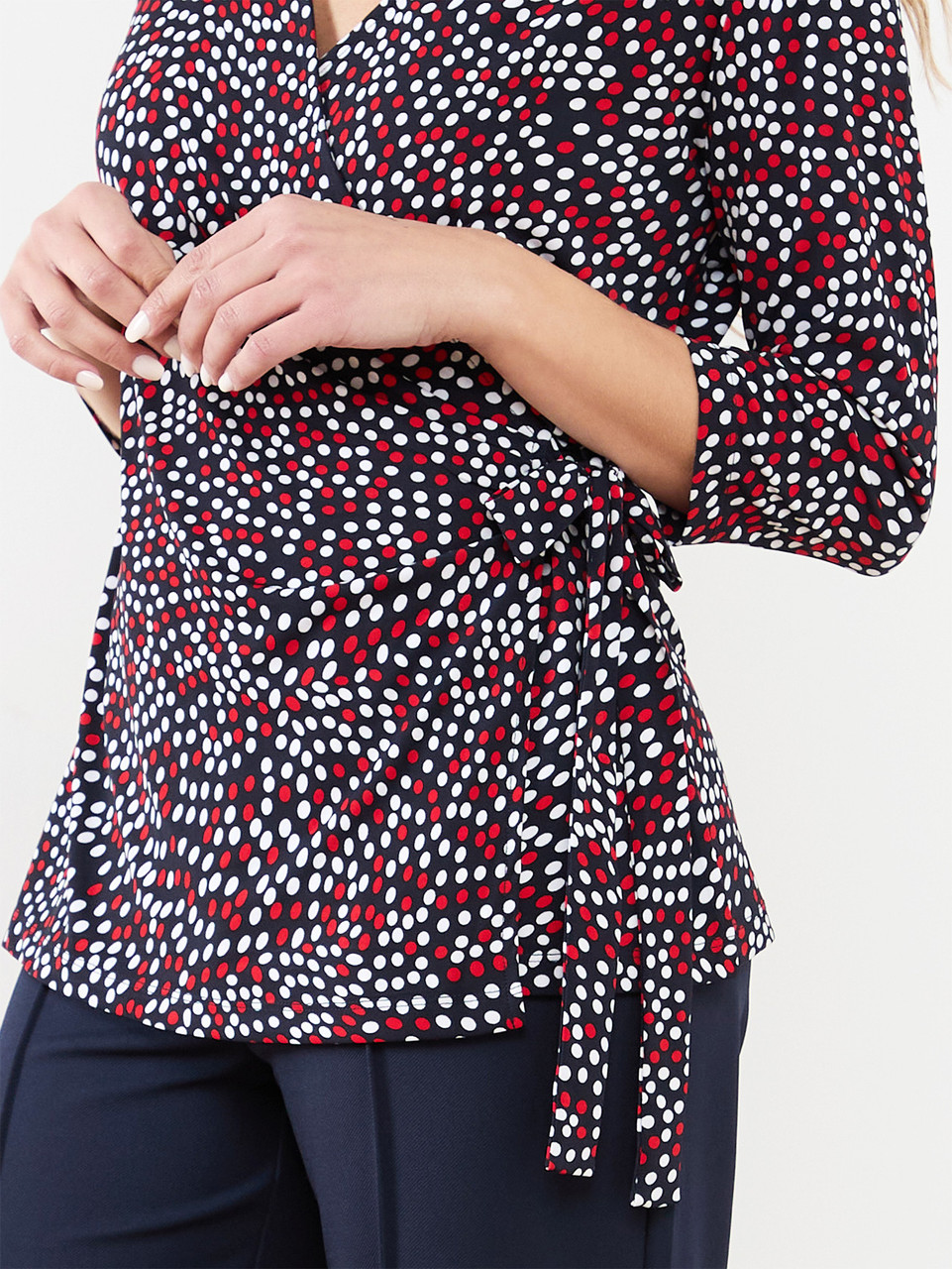 Soft Knit Wrap Top in Navy with White and Red Dots