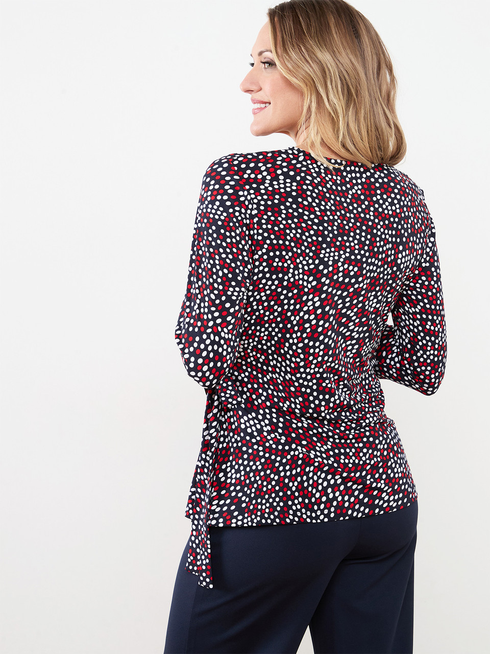 Soft Knit Wrap Top in Navy with White and Red Dots