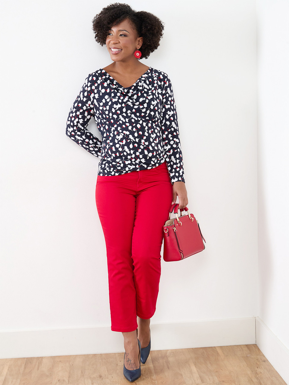 Petite Long Sleeve Cowl Neck Top in Navy/White/Red