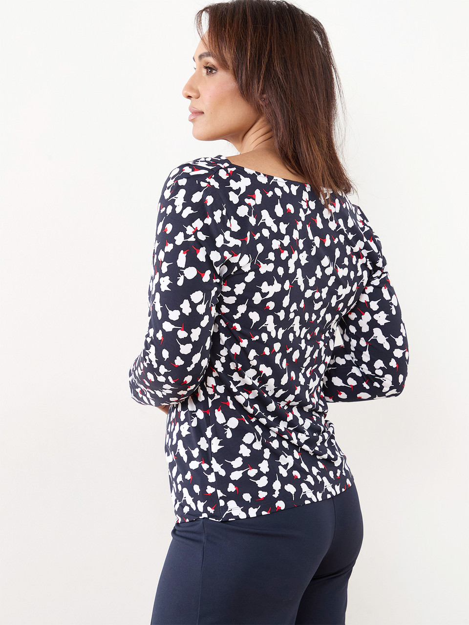Petite Long Sleeve Cowl Neck Top in Navy/White/Red