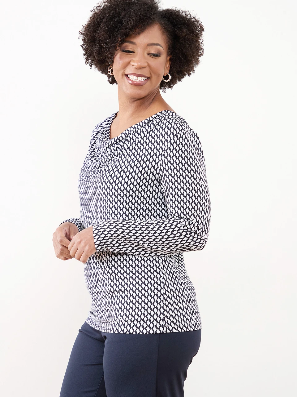 Petite Long Sleeve Cowl Neck Top in Navy & White Geo