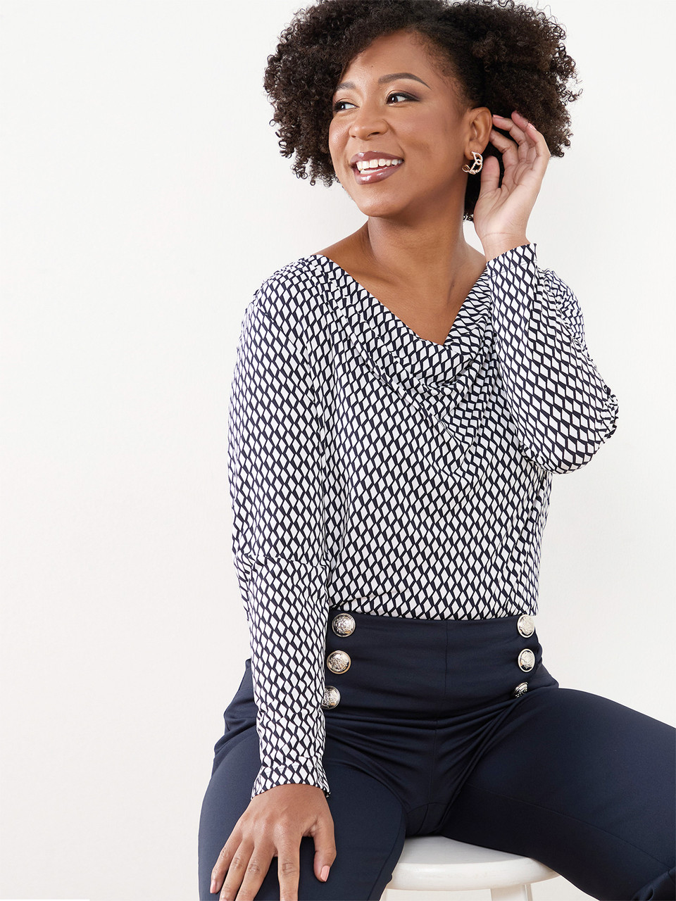 Petite Long Sleeve Cowl Neck Top in Navy & White Geo