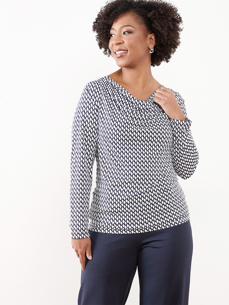 Petite Long Sleeve Cowl Neck Top in Navy & White Geo