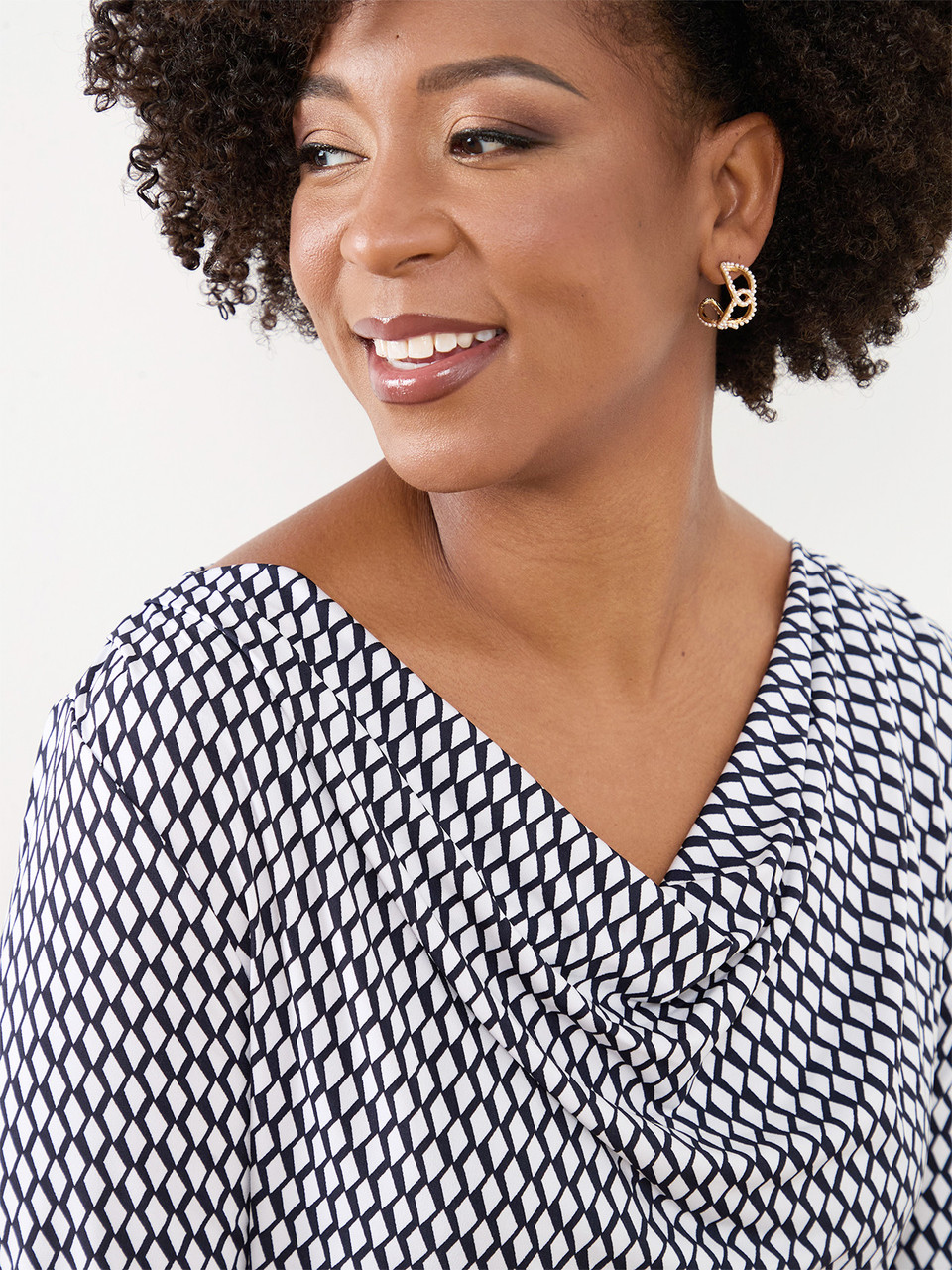 Petite Long Sleeve Cowl Neck Top in Navy & White Geo