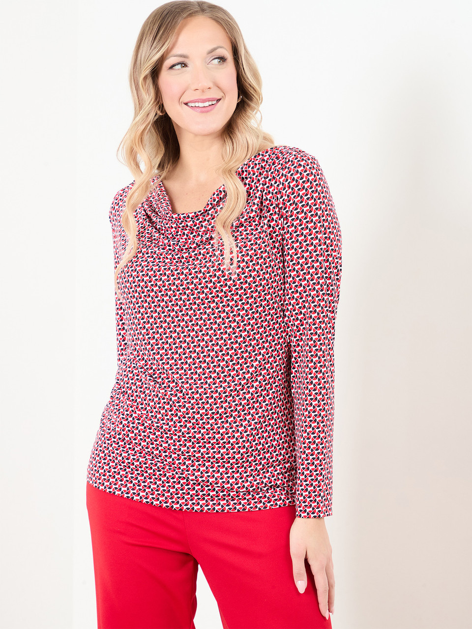 Long Sleeve Cowl Neck Top in Red & White
