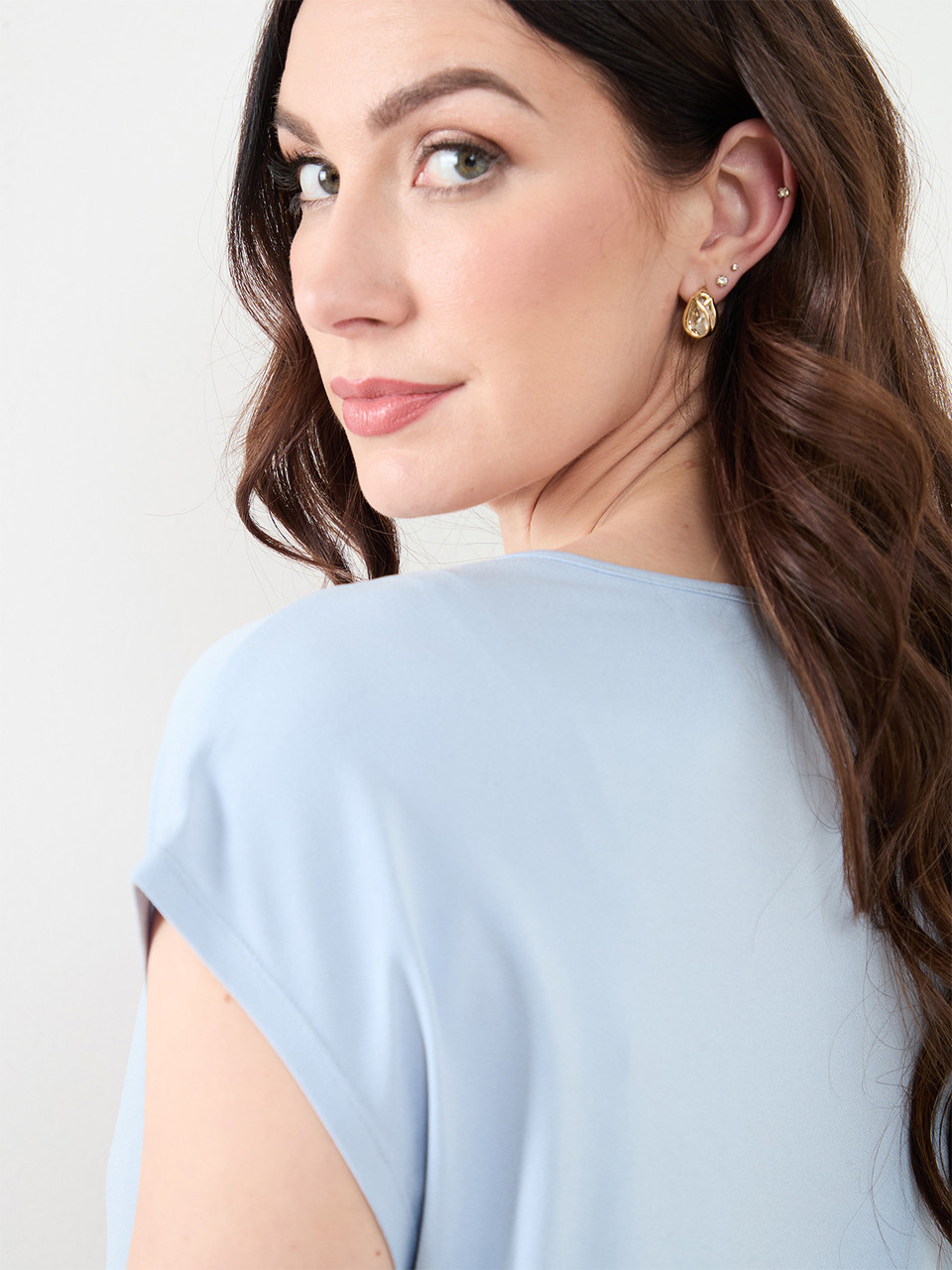 Cap Sleeve Crepe Top in Solid Light Cornflower