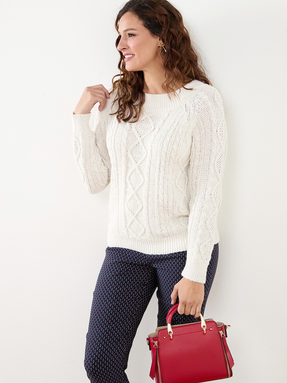 Speckle Cable Knit Pullover Sweater in White