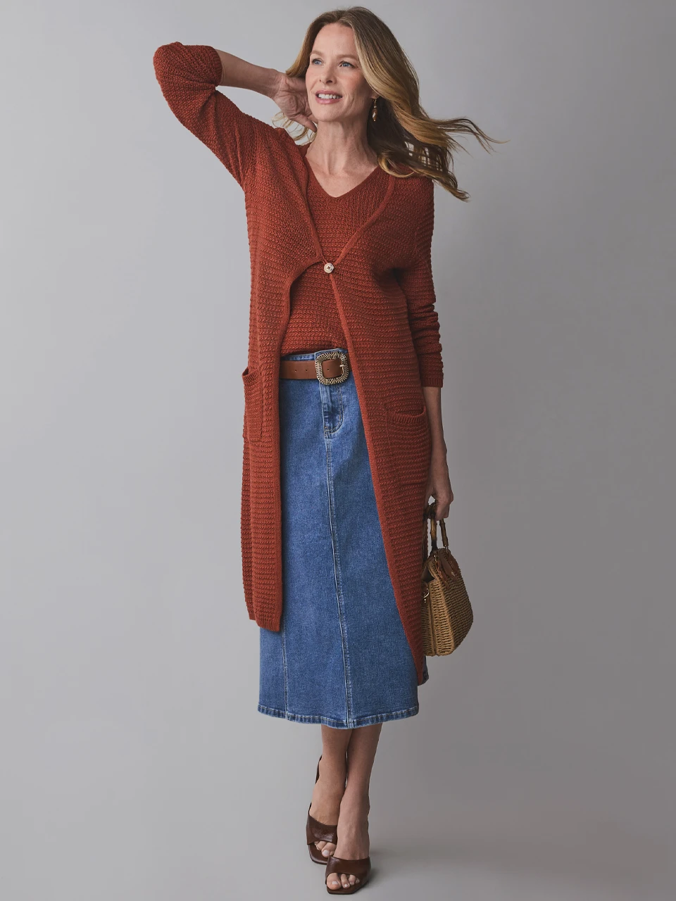 Long Sleeve Textured Cardigan Sweater in Terracotta