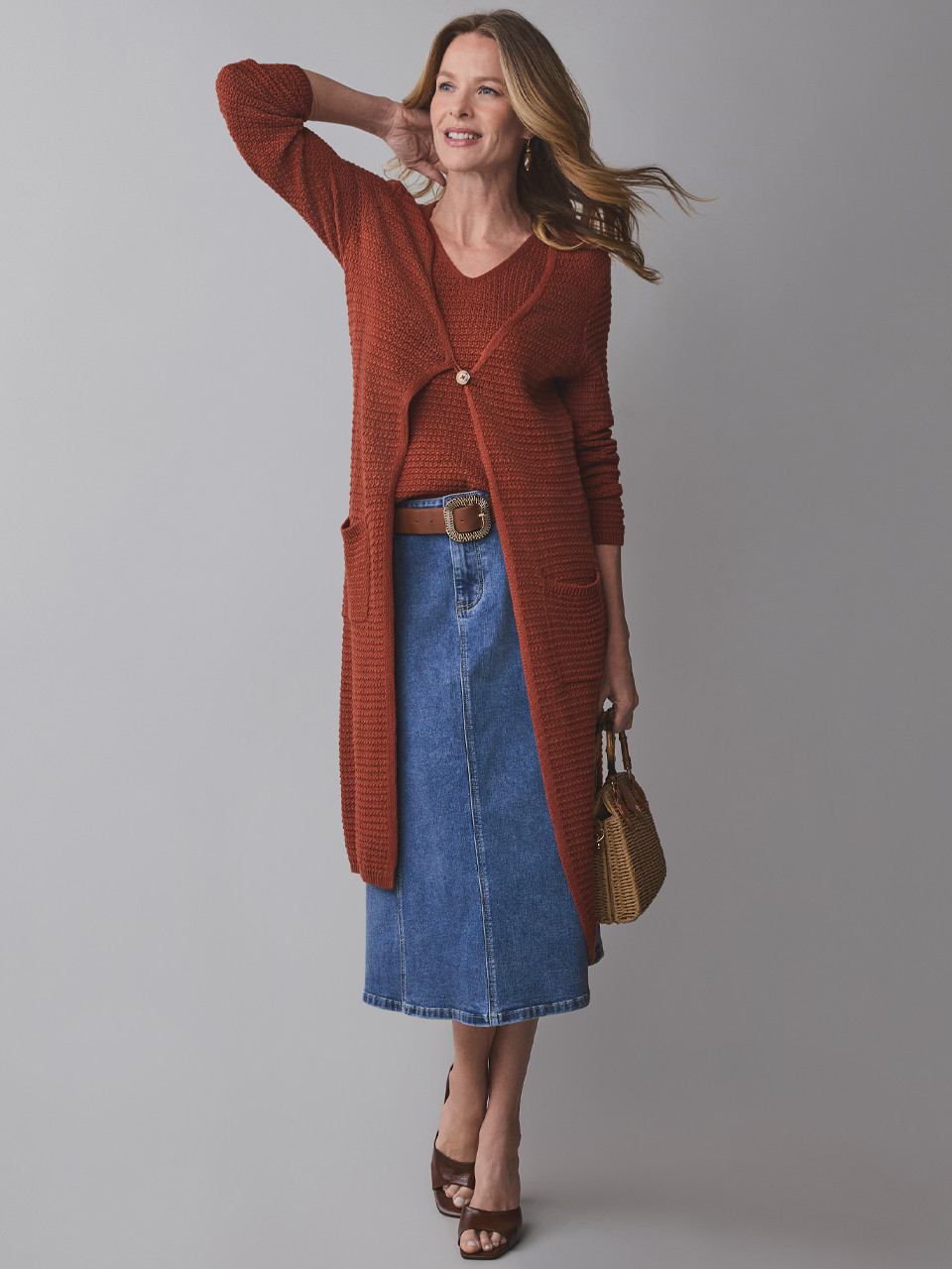 Long Sleeve Textured Cardigan Sweater in Terracotta