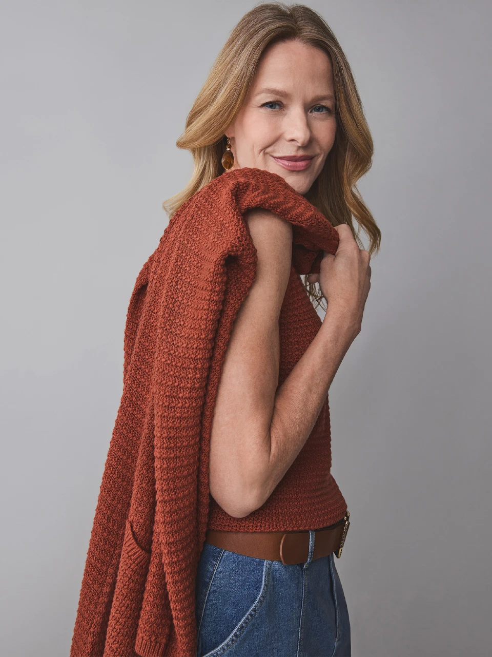 Long Sleeve Textured Cardigan Sweater in Terracotta