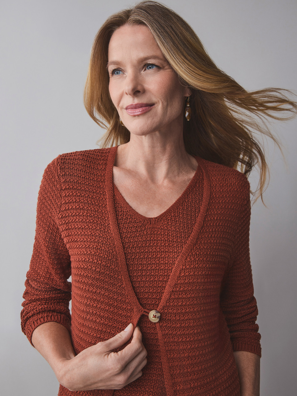 Long Sleeve Textured Cardigan Sweater in Terracotta