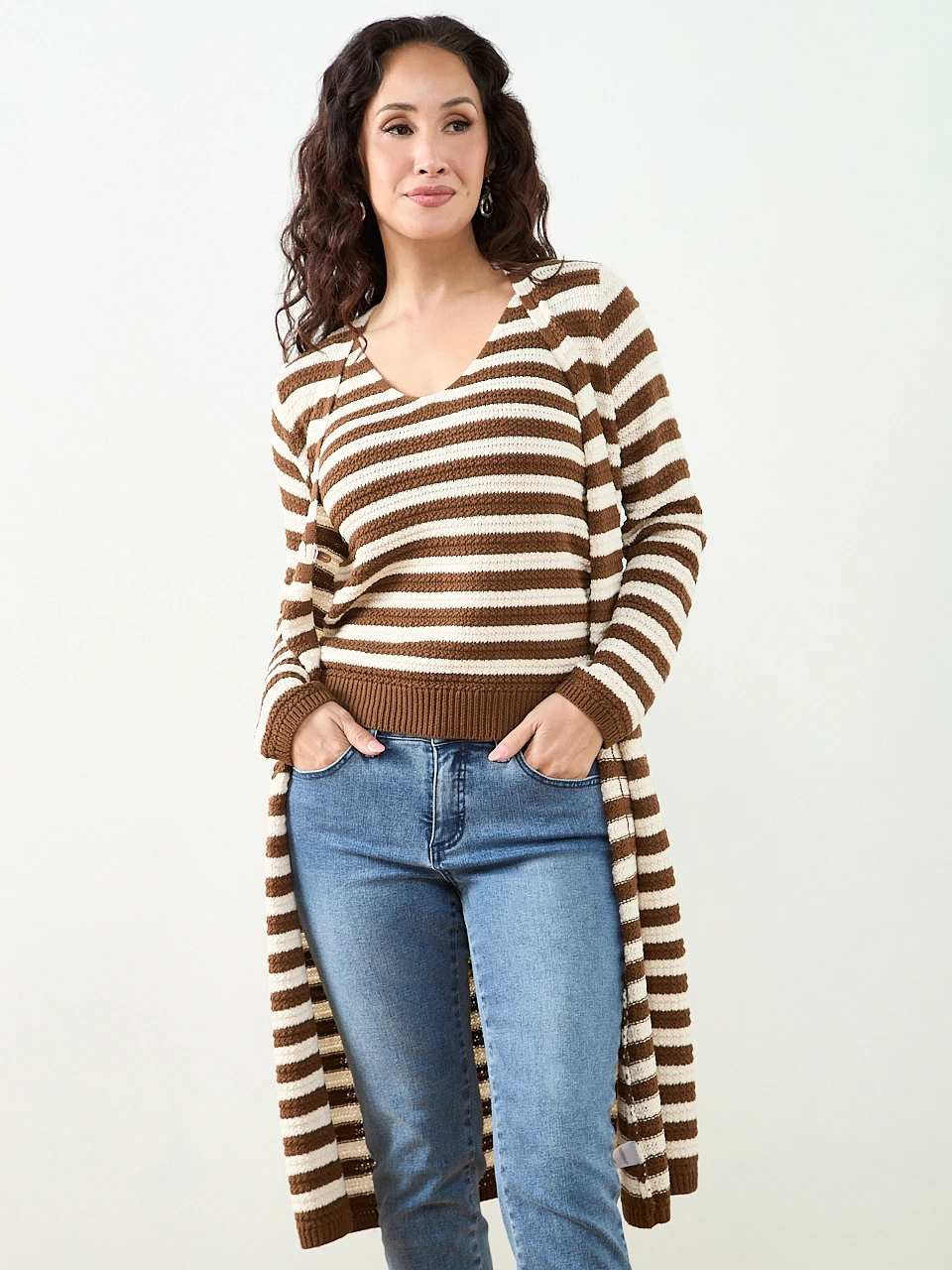 Petite Long Sleeve Textured Cardigan Sweater in Tobacco Stripe