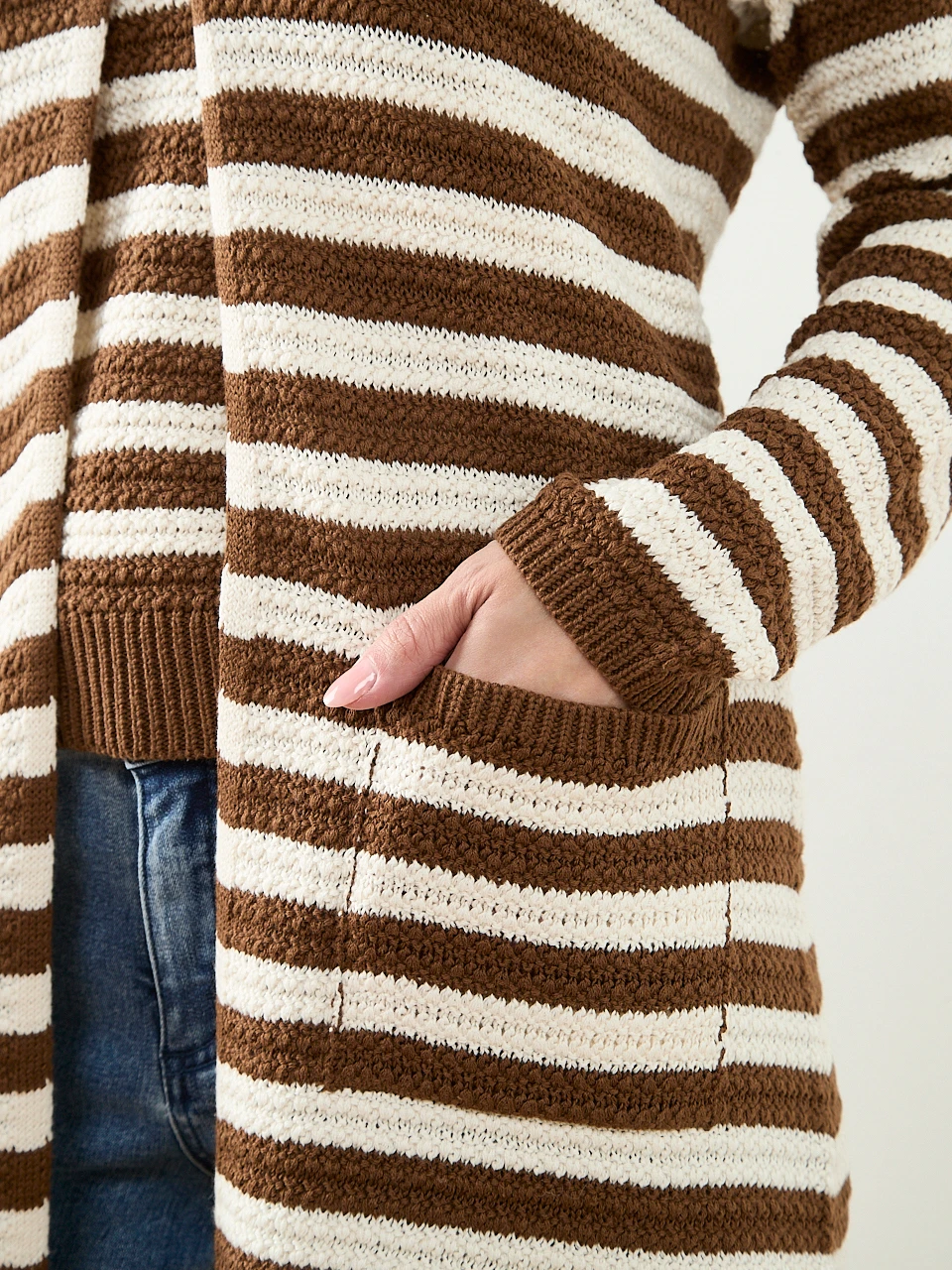 Petite Long Sleeve Textured Cardigan Sweater in Tobacco Stripe