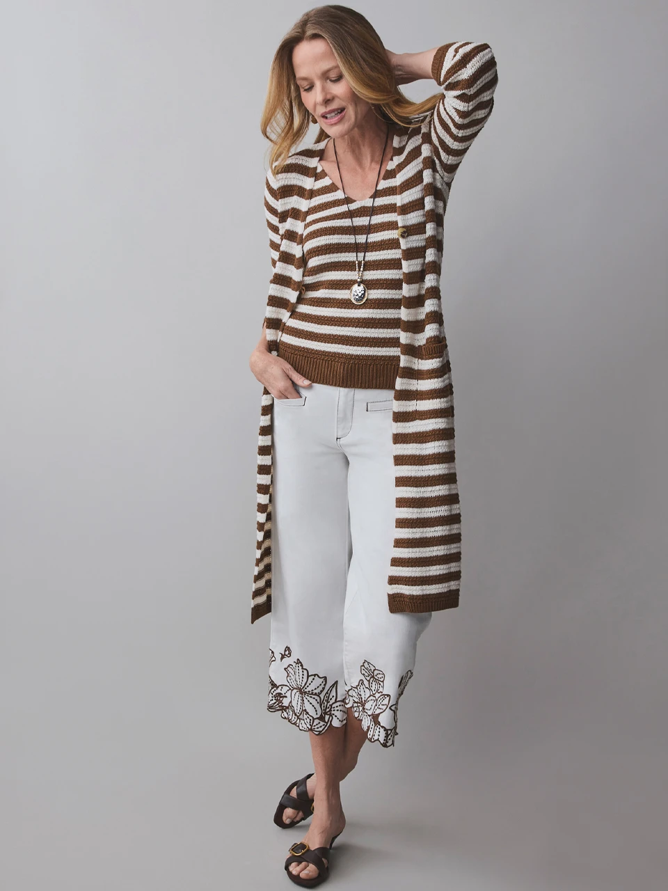 Petite Long Sleeve Textured Cardigan Sweater in Tobacco Stripe