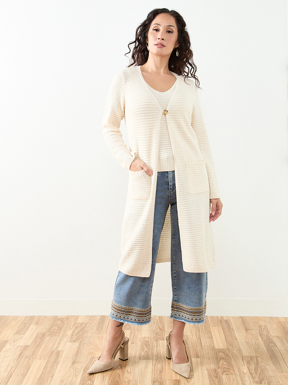 Petite Long Sleeve Textured Cardigan Sweater in Ecru
