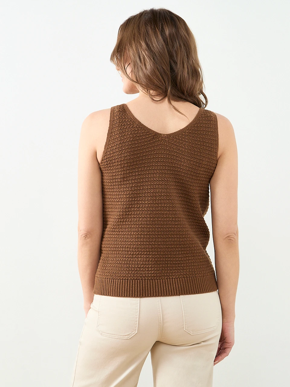 Sleeveless Textured V-Neck Sweater in Tobacco