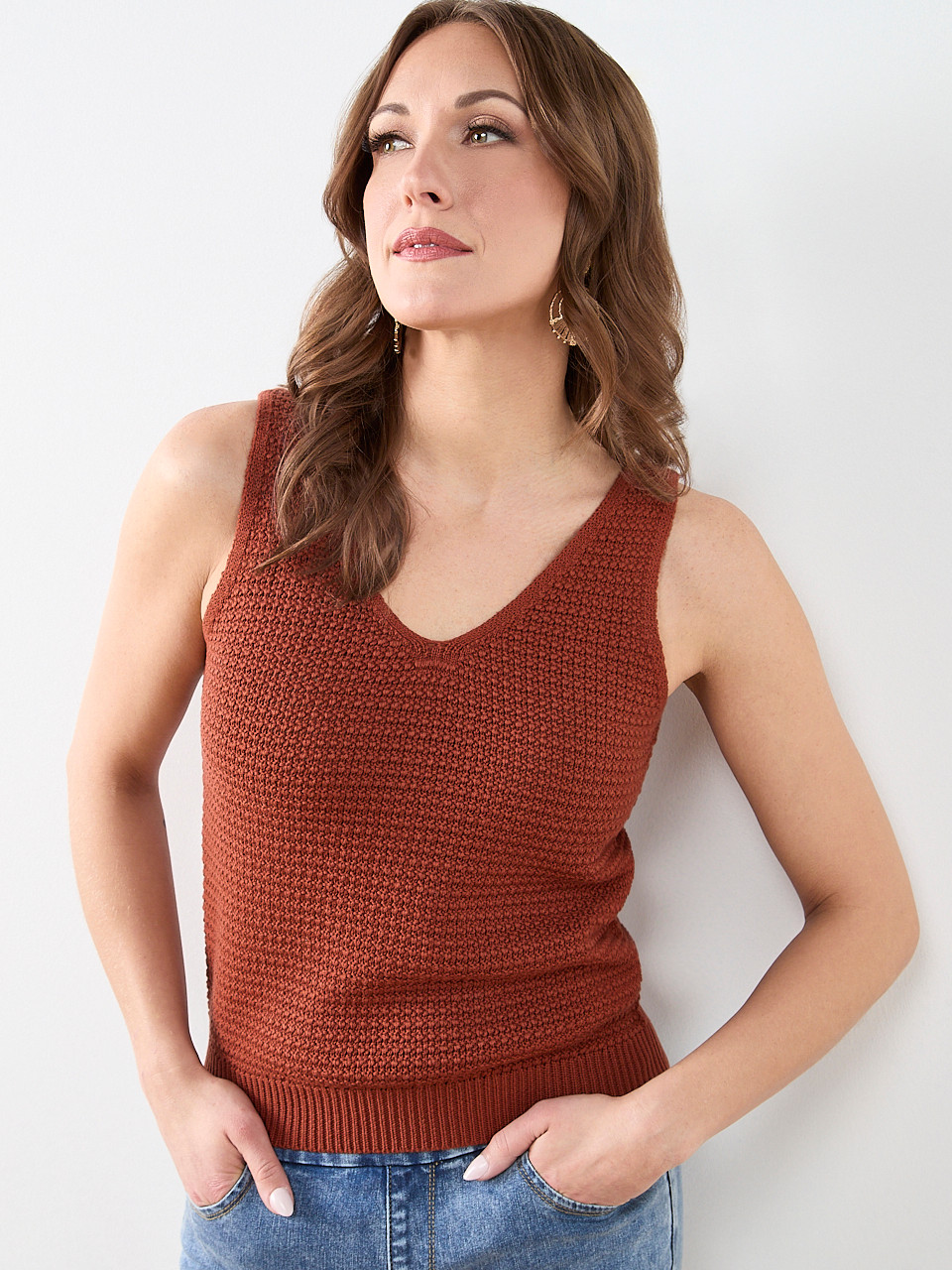 Sleeveless Textured V-Neck Sweater in Terracotta