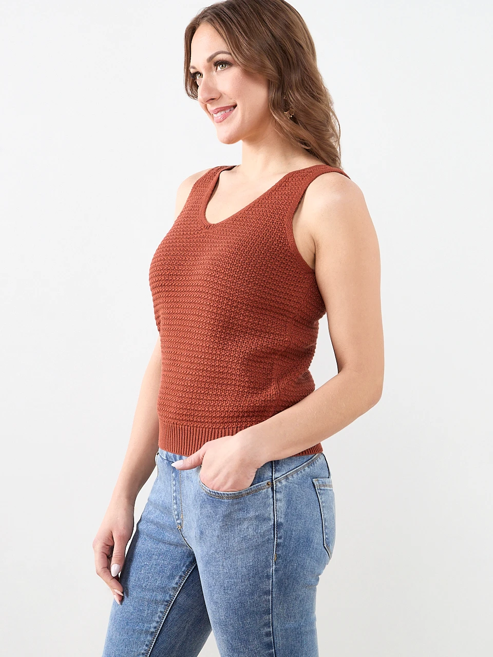 Sleeveless Textured V-Neck Sweater in Terracotta